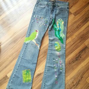 Switch USA Parrot Bird Wilfred Gibson Poem Embroidery Denim Jeans Size 27